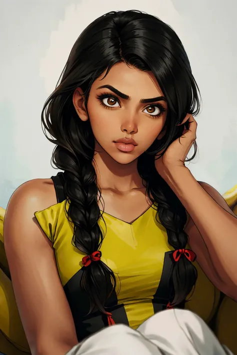 realistic photo of <lyco:sd15_ChhaviVerg_loha_64_v1-000007:1> ChhaviVerg, focus on eyes, close up on face, pouting, color banana hair styled as rope braid, ND filter