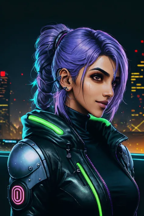 (cyberpunk cityscape, neon, dark, futuristic, detailed:1.15), headshot of <lyco:sd15_ChhaviVerg_loha_64_v1-000007:1> ChhaviVerg, focus on smiling face, side view wearing a turtleneck , her light pastel purple hair is styled as twisted half-up hair,