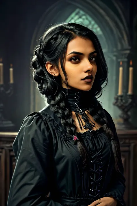 (gothic rendition, dark, macabre, highly detailed, brooding:1.15), (long shot:1.4), <lyco:sd15_ChhaviVerg_loha_64_v1-000007:1> ChhaviVerg, hair styled as braided hair