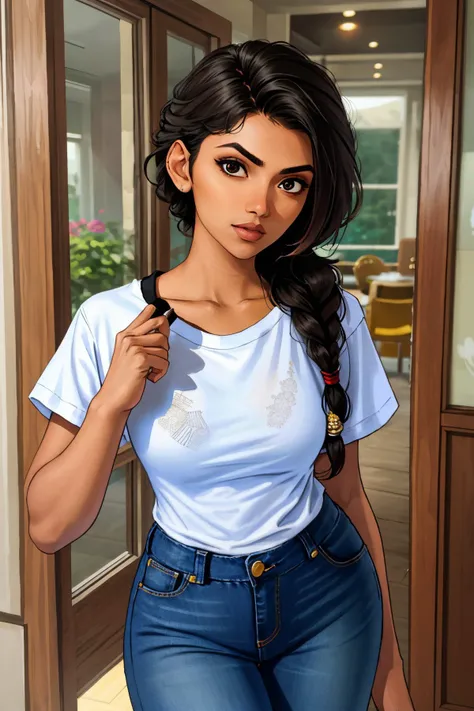 headshot of realistic photo of <lyco:sd15_ChhaviVerg_loha_64_v1-000007:1> ChhaviVerg, focus on face, wearing a tshirt and jeans , her hair is styled as french fishtail braid,
