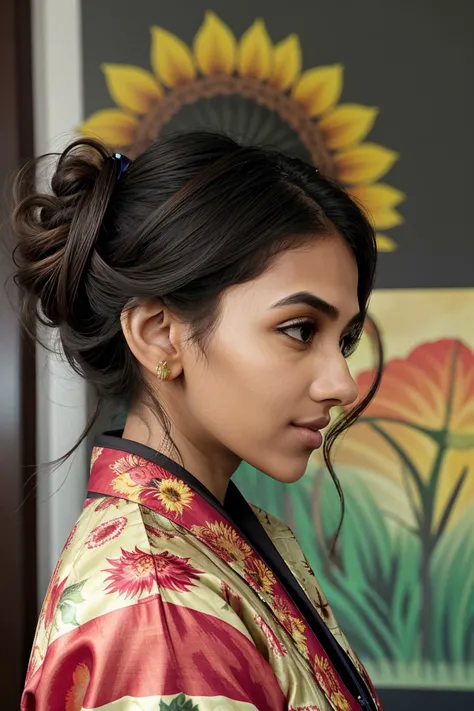 breathtaking, award-winning, professional, highly detailed, upper-body of realistic photo of <lyco:sd15_ChhaviVerg_loha_64_v1-000007:1> ChhaviVerg, focus on face, side view wearing a sunflower print kimono , her color ecru hair is styled as Low Bun with Curly Hair,