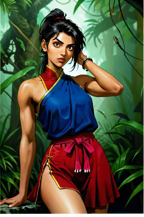 (eye level, headshot:1.2) of realistic photo of <lyco:sd15_ChhaviVerg_loha_64_v1-000007:1> ChhaviVerg, she is wearing nontraditional miko, her hair is styled as bubble ponytail, BREAK she is (in the jungle:1.1), dramatic edge lighting, 50mm ,Cinestill 800T , in the style of David LaChapelle