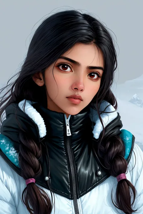 (style of Wayne Barlowe:1.15), (from below, headshot:1.2) of <lyco:sd15_ChhaviVerg_loha_64_v1-000007:1> ChhaviVerg, she is wearing hood , her hair is styled as Curly Side Part, BREAK she is (playing in the snow:1.1), hash flash lighting, 50mm ,