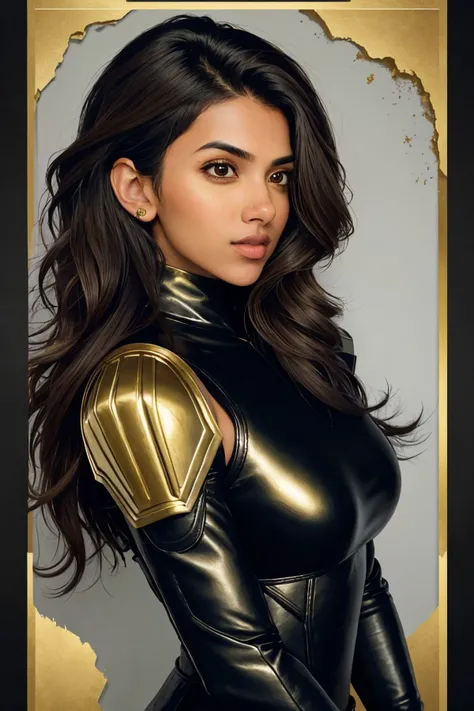 (style of Mike Mayhew:1.15), headshot of <lyco:sd15_ChhaviVerg_loha_64_v1-000007:1> ChhaviVerg, focus on face, side view wearing leather armor , her dark gold hair is styled as messy waves,