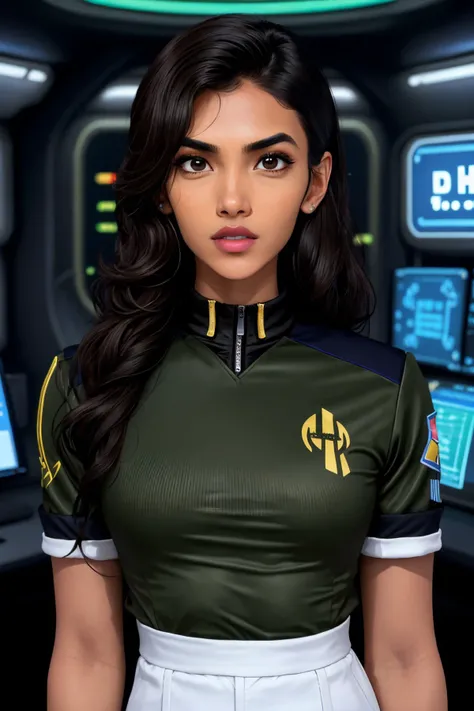 (style of Keith Haring:1.15), close range of <lyco:sd15_ChhaviVerg_loha_64_v1-000007:1> ChhaviVerg, focus on face, wearing a star trek uniform , her dark olive color hair is styled as Straight Sleek and Wavy,