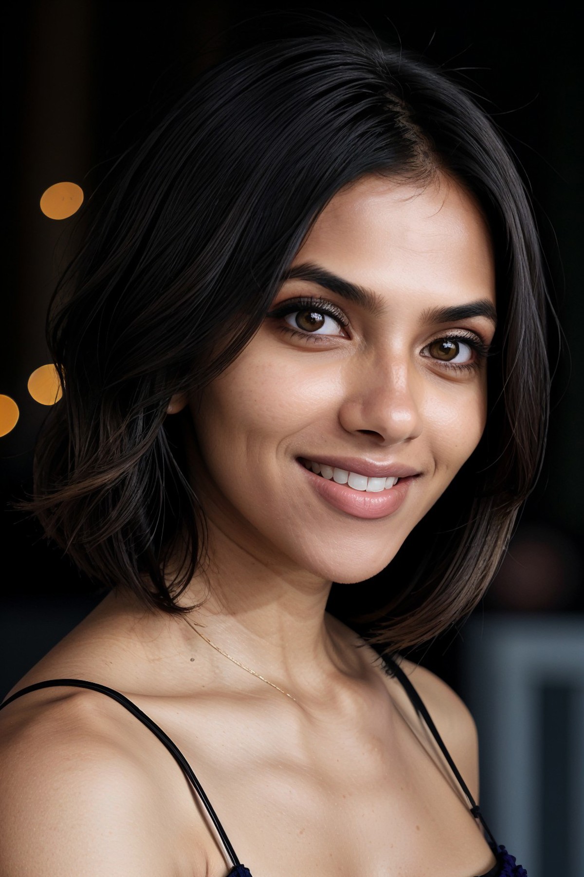 A close up of a woman with a black dress smiling - SeaArt AI