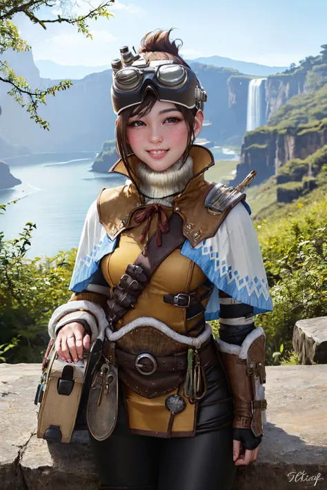 (masterpiece, best quality:1.2), cowboy shot, solo, 1girl, mhwhandler, freckles, smile, looking at viewer, goggles on head, capelet, boots, fingerless gloves <lora:mhw_handler:1.0>