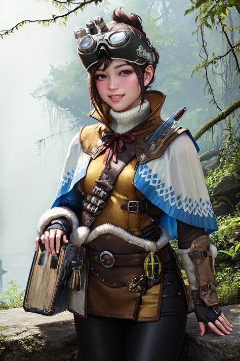 (masterpiece, best quality:1.2), cowboy shot, solo, 1girl, mhwhandler, freckles, smile, looking at viewer, goggles on head, capelet, boots, fingerless gloves <lora:mhw_handler:1.0>