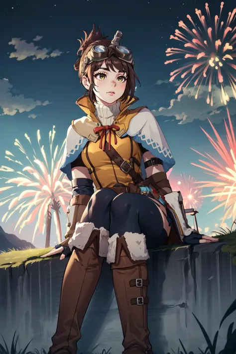(masterpiece, best quality), intricate details,
1girl, <lora:mhw_handler:0.8> mhwhandler, freckles, goggles on head, capelet, boots, fingerless gloves,
village, fireworks, night time, sitting on grassy hill,