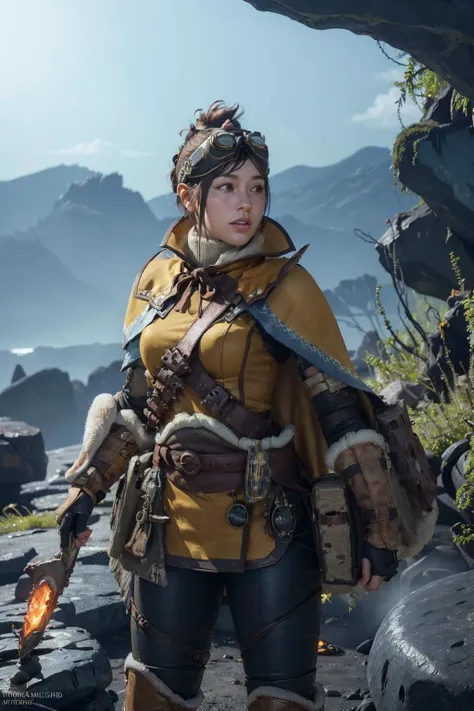 <lora:mhw_handler:0.9>, mhwhandler, freckles, handler \(monster hunter world\), best quality, masterpiece, illustration, (realistic, photo-realistic:1.37), amazing, finely detail, incredibly absurdres, huge filesize, ultra-detailed, highres, extremely detailed CG unity 8k wallpaper, extremely detailed eyes and face, ray tracing, 1girl, medium breasts, looking at viewer, A young female monster hunter with a serious expression, goggles on her head, brown hair, brown eyes, wears a capelet, boots, fingerless gloves. She stands surrounded by jagged obsidian rocks and glowing hot lava flows. Massive crystalline spikes jut up from the ground around her. Her cape flutters in the hot wind. The lava glows bright red and orange, lighting up the sky. Digital painting trending on Artstation.