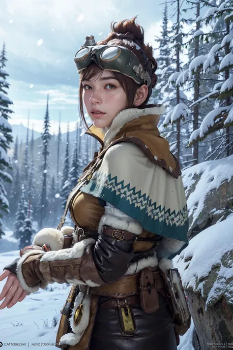 ((masterpiece, best quality)), photorealistic, realistic, fantasy art, stunning beautiful, intricate detail, extremely detail,
1girl, dynamic pose, medium shot, kneeling on the snow, gun on back,
((with pony tail brown hairs, medium breast, cleavage, slender body shape, beautiful and aesthetic, [[abs]]))
(she is wearing white tank top, beige khaki army pant,black leather belt, torn and dirty clothes),
she is injured,
(bandaged arm, bandage on her left arm, bleeding, 
blood on clothes)
(snowing, blizzard, snow background:1.5)