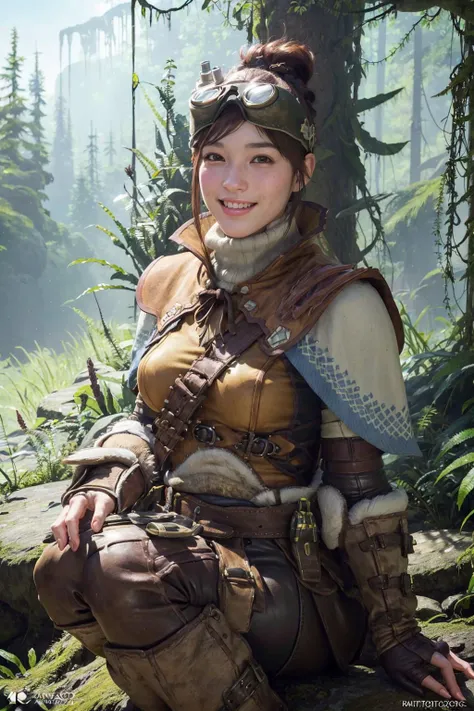 <lora:mhw_handler:0.9>, mhwhandler, freckles, handler \(monster hunter world\), best quality, masterpiece, illustration, (realistic, photo-realistic:1.37), amazing, finely detail, incredibly absurdres, huge filesize, ultra-detailed, highres, extremely detailed CG unity 8k wallpaper, extremely detailed eyes and face, ray tracing, 1girl, medium breasts, looking at viewer,  A young female monster hunter in fantasy style. She has brown hair, brown eyes, wears goggles on her head, a capelet, boots, fingerless gloves. She also has freckles across her cheeks and nose, a slight blush, and a smiling open mouth.
