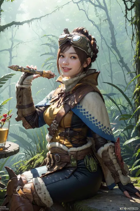 <lora:mhw_handler:0.9>, mhwhandler, freckles, handler \(monster hunter world\), best quality, masterpiece, illustration, (realistic, photo-realistic:1.37), amazing, finely detail, incredibly absurdres, huge filesize, ultra-detailed, highres, extremely detailed CG unity 8k wallpaper, extremely detailed eyes and face, ray tracing, 1girl, medium breasts, looking at viewer, A young female monster hunter with a happy expression, goggles on her head, brown hair, brown eyes, wears a capelet, boots, fingerless gloves. She sits at a stone table in a forest camp, holding a huge cartoon-style meat on the bone in both hands, ready to eat with gusto. Trees and tents surround the campsite. Her cape hangs on the back of her chair. The sunlight filters through the forest canopy. Digital painting in anime style trending on Artstation.