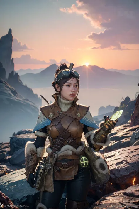 <lora:mhw_handler:0.9>, mhwhandler, freckles, handler \(monster hunter world\), best quality, masterpiece, illustration, (realistic, photo-realistic:1.37), amazing, finely detail, incredibly absurdres, huge filesize, ultra-detailed, highres, extremely detailed CG unity 8k wallpaper, extremely detailed eyes and face, ray tracing, 1girl, medium breasts, looking at viewer, A young female monster hunter with a serious expression, goggles on her head, brown hair, brown eyes, wears a capelet, boots, fingerless gloves. She stands surrounded by jagged obsidian rocks and glowing hot lava flows. Massive crystalline spikes jut up from the ground around her. Her cape flutters in the hot wind. The lava glows bright red and orange, lighting up the sky. Digital painting trending on Artstation.