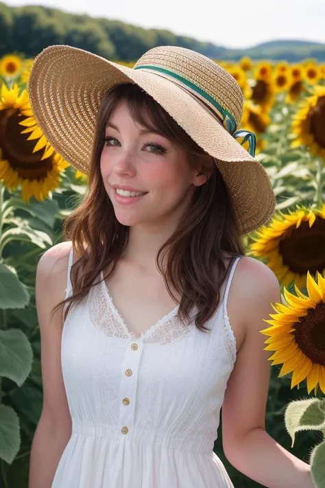 DEN_belle_delphine, Big smile (teeth braces:1.1),
walking through a field of sunflowers wearing a summer dress and sun hat, field, sunflowers, summer, scenic,
bokeh, f1.4, 40mm, photorealistic, raw, 8k, textured skin, skin pores, intricate details  <lora:epi_noiseoffset2:1>, epiCRealism  <lora:ClothingAdjuster3:-1>