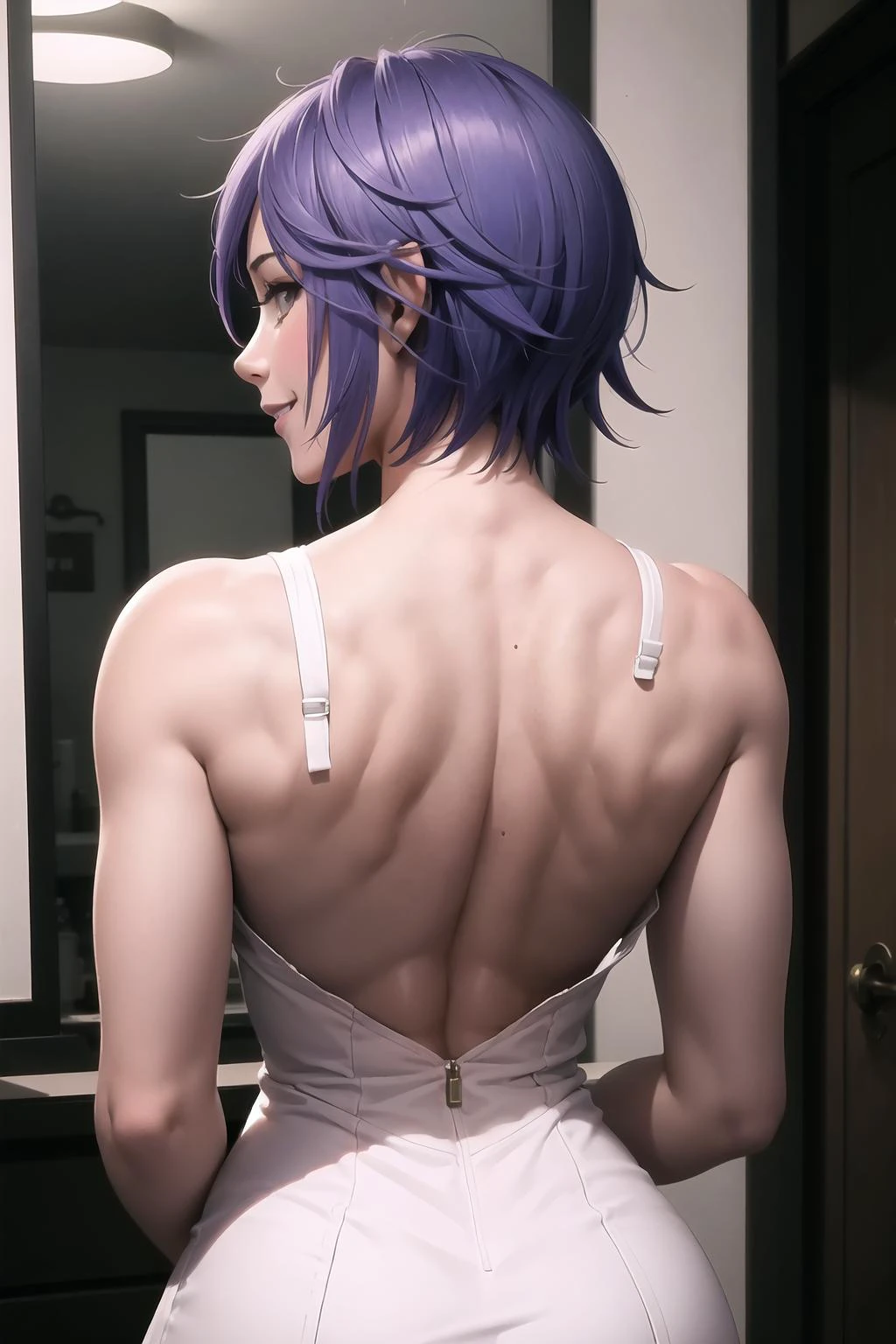 High Quality, Masterpiece, 1girl, Mizore Shirayuki, short hair, from behind, back, shoulder blades, nape, smile, upper body, backless dress, <lora:Char_Rosario_MizoreShirayuki:1>, muscular back,