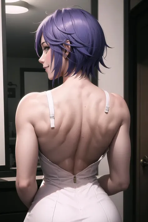 High Quality, Masterpiece, 1girl, Mizore Shirayuki, short hair, from behind, back, shoulder blades, nape, smile, upper body, backless dress, <lora:Char_Rosario_MizoreShirayuki:1>, muscular back,