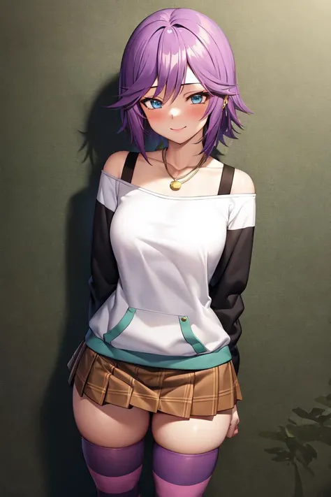 masterpiece, best quality, absurdres, perfect anatomy, 1girl, solo, Mizore Shirayuki, short hair, off-shoulder sweater, two-tone sweater, plaid skirt, pendant, striped thighhighs, purple thighhighs, standing, smile