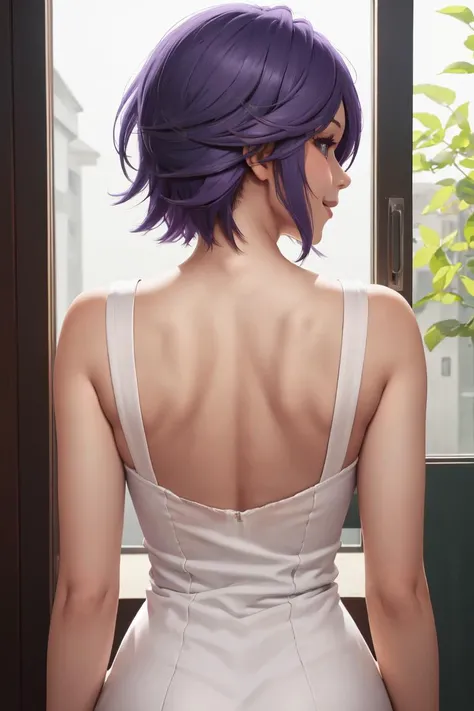 masterpiece, best quality, absurdres, perfect anatomy, 1girl, 1boy, Mizore Shirayuki, short hair, from behind, back, shoulder blades, nape, smile, upper body, backless dress