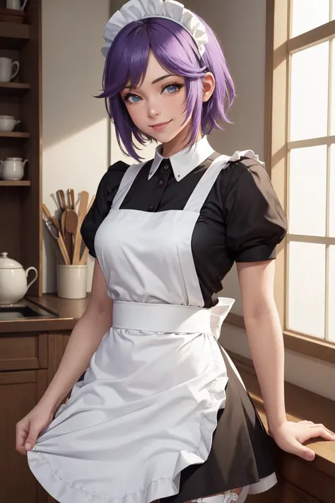 masterpiece, best quality, absurdres, perfect anatomy, 1girl, 1boy, Mizore Shirayuki, short hair, maid, apron, garter belt, maid headdress, smile