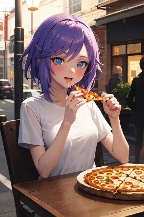 masterpiece, best quality, absurdres, perfect anatomy, 1girl, 1boy, Mizore Shirayuki, short hair, t-shirt, eating, table, upper body, pizza, happy, lamp, outdoors, street, lamppost