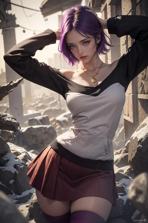 Best quality, masterpiece, ultra high res, raw photo, beautiful and aesthetic,deep shadow, dark theme,(photorealistic:1.4),
(young beauty, blue eyes, (pale skin), Mizore Shirayuki, short hair, off-shoulder sweater, two-tone sweater, plaid skirt, pendant, striped thighhighs, purple thighhighs),
outdoors, winter scene, village,