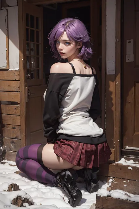 Best quality, masterpiece, ultra high res, raw photo, beautiful and aesthetic,deep shadow, dark theme,(photorealistic:1.4),
(young beauty, blue eyes, (pale skin), Mizore Shirayuki, short hair, off-shoulder sweater, two-tone sweater, plaid skirt, pendant, striped thighhighs, purple thighhighs), from behind,
outdoors, winter scene, village,