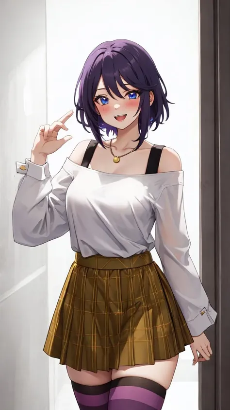 lumen reflections, natural lighting, evocative, triadic color scheme, cowboy shot, elegant, voluptuous:0.6, looking at viewer, 1girl, female, solo, blush, open mouth, smile, teeth, sfw, <lora:MizoreShirayuki:1>, Mizore Shirayuki, short hair, bare shoulders, blue eyes, jewelry, black tank top, off-shoulder shirt, off shoulder white shirt, black long sleeves, plaid, yellow plaid skirt, skirt, striped, striped purple legwear, thighhighs
