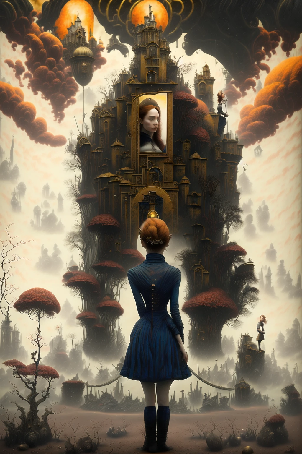 full body, (surrealsteampunkai)++,
(from behind:1.4), a girl standing in front of golden framed mirror, looking at mirror, red hair, extremely detailed, accessoires, (entering a surreal mirrored world with beautiful landscape:1.5) <hypernet:mjv4Hypernetwork_v1:1>, <lora:epiNoiseoffset_v2Pynoise:1.5> tree silhouettes