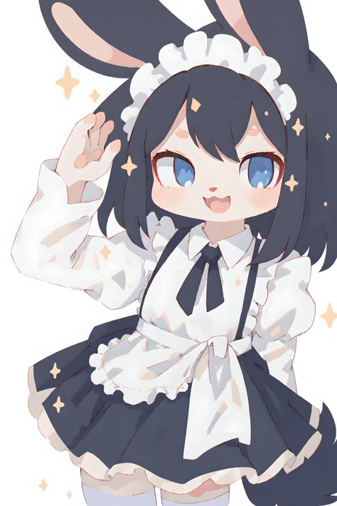 1girl, solo, maid, (simple background:1.3), standing, salute, loafers, white stockings, puffy sleeves, short skirt, apron, maid headdress, :D, looking at viewer, white fur, blue eyes, black hair, rabbit ears, rabbit girl, sparkles, (best quality, masterpiece, illustration, ultra-detailed:1.3), (anthro, furry, kemono:1.3)