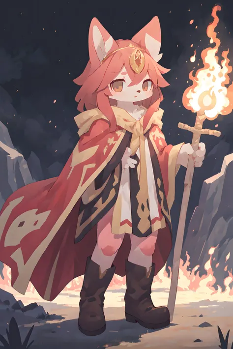 1girl, solo, (long shot, very long shot, full body:1.3), mage, cloak, boots, long hair, pink fur, staff, holding a staff, holding staff, looking at viewer, tiara, standing, fire,, (best quality, masterpiece, illustration, ultra-detailed:1.3), (anthro, furry, kemono:1.3)