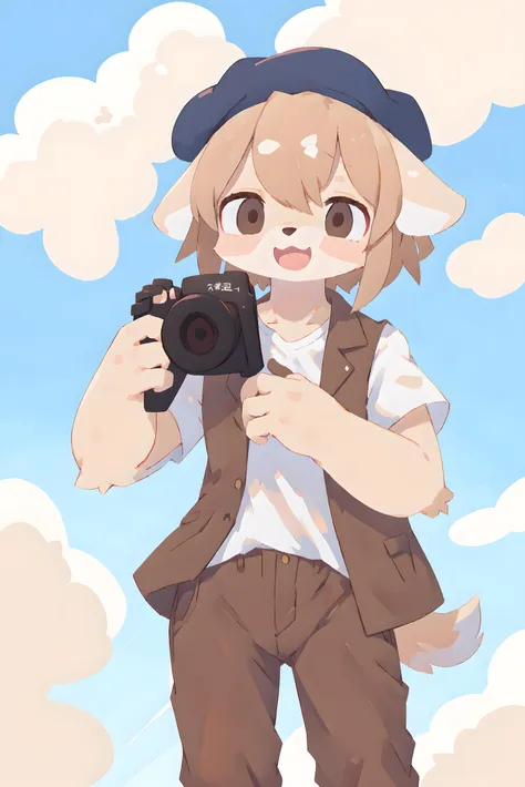 1boy, victorian clothing, cowboy shot, beret, holding a camera with two hands, white shirt, brown vest, brown pants, loafers, short hair, :D, blue sky, clouds,, (best quality, masterpiece, illustration, ultra-detailed:1.3), (anthro, furry, kemono:1.3)