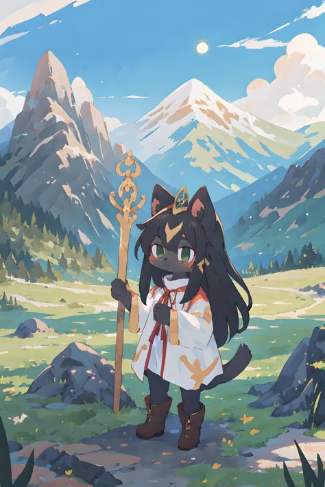 1girl, solo, mage, magic staff, mountains, black cat girl, black fur, full body,  <lora:standingFullBodyWithBackgroundStyle_v10Offset:1>, standing, grass, black face, black skin, boots, white robe, shirt hair, white shirt, green eyes, tiara, child, long hair, (best quality, masterpiece, illustration, ultra-detailed:1.3), (anthro, furry, kemono:1.3)