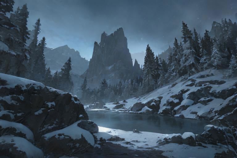 A view of a snowy mountain with a river in the foreground - SeaArt AI