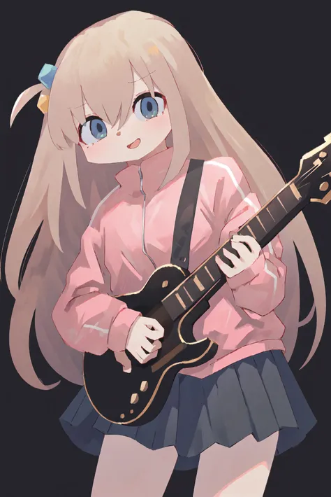 1girl, solo,(black background:1.3),  <lora:gotou_hitori_v1:1> gotou1, gotou hitori, skirt, pink jacket, track jacket, bangs, hair between eyes, long sleeves, guitar, holding guitar, cowboy, shot, looking at viewer,, (best quality, masterpiece, illustration, ultra-detailed:1.3)