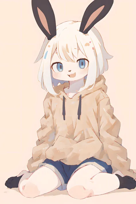 full body, sitting on ground, (beige background:1.3), rabbit girl, rabbit ears, oversized clothes, sweatshirt, white hair, , looking at viewer, white shorts, wariza, smile, blue eyes,, (anthro, furry, kemono:1.3), (best quality, masterpiece, illustration, ultra-detailed:1.3)