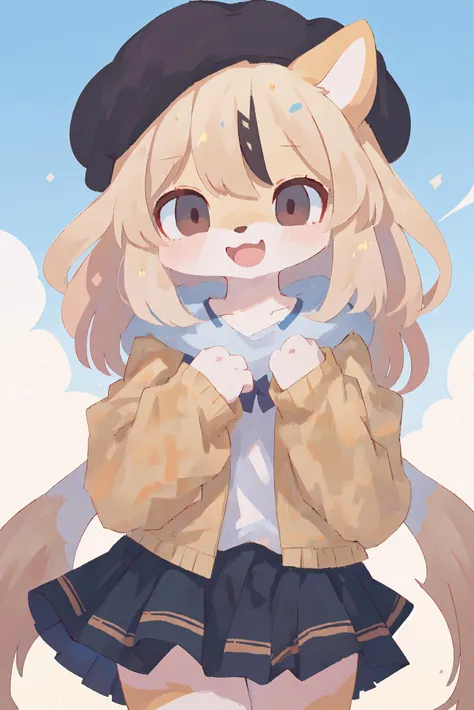 1girl, solo, child, happy, skirt, beret, (best quality, masterpiece, illustration, ultra-detailed:1.3), (anthro, furry, kemono:1.3)