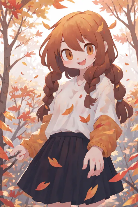 1girl, solo, autumn leaves, autumn theme, twin braids, long skirt, white shirt, looking at viewer, smile, (best quality, masterpiece, illustration, ultra-detailed:1.3)