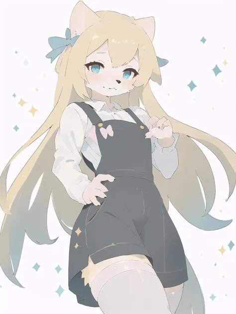 1girl, solo,white shirt, overall skirt, looking at viewer, stockings, blonde hair, bows, cowboy shot, long hair, (white background:1.3), pastel theme, pastel, sparkle,, (best quality, masterpiece, illustration, ultra-detailed:1.3), (uploaded on e621, furry, anthro, kemono:1.3)