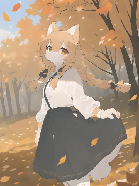 1girl, solo, autumn leaves, autumn theme, twin braids, long skirt, white shirt,, (best quality, masterpiece, illustration, ultra-detailed:1.3), (uploaded on e621, furry, anthro, kemono:1.3)