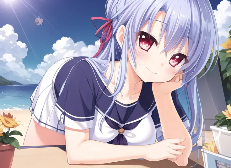 master piece,best quality,highres,original,dutch angle,minkami sakuya,1girl,((school uniform)),((hair ribbon)),(eye highlights:1.4),lying,sunlight,in summer,flower pot(midday:1.5),(sunny:1.5),(Blue sky:1.2),in summer,(cloud),standing,blush,Light smile,from below,extremely detailed CG unity 8k wallpaper,illustration,lens 135mm,masterpiece, best quality,naughty face,((hidden hands)),arms behind back, ocean,beach,white skirt,
