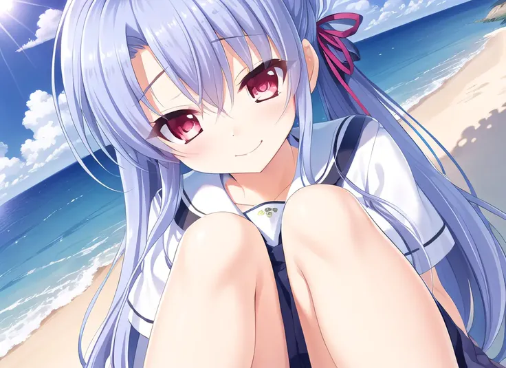 master piece,best quality,highres,original,from above,sorakado ao,1girl,(school uniform,),((hair ribbon)),sitting,sunlight,in summer,glowing eyes,(midday:1.5),(sunny:1.5),(Blue sky:1.2),in summer,(cloud),blush,Light smile,from below,extremely detailed CG unity 8k wallpaper,lens 135mm,masterpiece, best quality,naughty face,((hidden hands)),arms behind back, ((ocean)),beach,solo,looking at viewer,