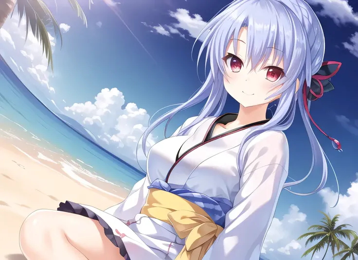 master piece,best quality,highres,original,dutch angle,sorakado ao,1girl,(japanese clothes),((hair ribbon)),sitting,sunlight,in summer,(midday:1.5),(sunny:1.5),(Blue sky:1.2),in summer,(cloud),blush,Light smile,from below,extremely detailed CG unity 8k wallpaper,lens 135mm,masterpiece, best quality,naughty face,((hidden hands)),arms behind back, ((ocean)),beach,solo,