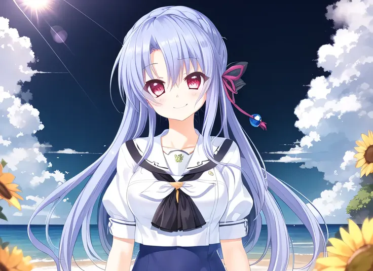 master piece,best quality,highres,original,dutch angle,sorakado ao,1girl,school uniform,((hair ribbon)),lying,sunlight,in summer,(midday:1.5),(sunny:1.5),(Blue sky:1.2),in summer,(cloud),blush,Light smile,from below,extremely detailed CG unity 8k wallpaper,lens 135mm,masterpiece, best quality,naughty face,((hidden hands)),arms behind back, ((ocean)),beach,solo,looking at viewer,white skirt,