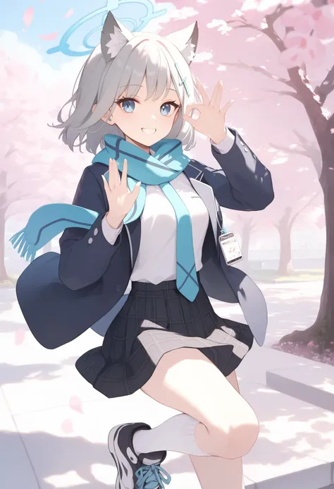 score_9, score_8_up, score_7_up, score_6_up,
1girl, <lora:shiroko_blue archive_PONY_last:1>,hiroko-default, shiroko \(blue archive\),blue eyes, grey hair, hairclip, animal ears, halo, medium breasts,
scarf, jacket, white shirt, necktie, plaid skirt, white socks, sneakers,
outdoors, park, cherry blossoms, day,
Singing pose,
light smile,
masterpiece, best quality,