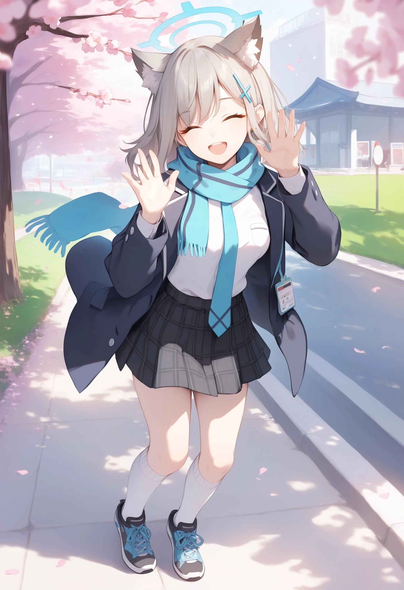 score_9, score_8_up, score_7_up, score_6_up,
1girl, <lora:shiroko_blue archive_PONY_last:1>,hiroko-default, shiroko \(blue archive\),blue eyes, grey hair, hairclip, animal ears, halo, medium breasts,
scarf, jacket, white shirt, necktie, plaid skirt, white socks, sneakers,
outdoors, park, cherry blossoms, day,
Singing pose,
smile, open mouth, closed eyes,
masterpiece, best quality,