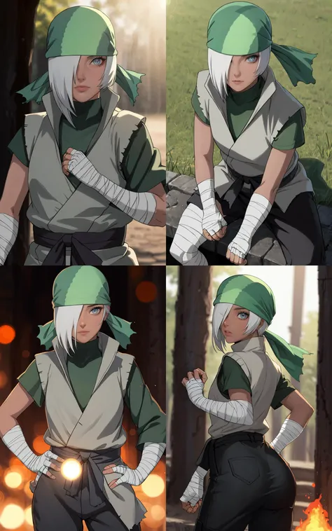 ((masterpiece, best quality)), insaneres, absurdres, solo,  vanishing point, 
Bandana_Ryuzetsu_ownwaifu, 
1girl, flat chest, hair over one eye, bandana, white hair, dark skin, short hair, grey eyes, ringed eyes, green headwear, 
bandages, vest, bandaged arm, ninja, asymmetrical sleeves, black pants, shirt, turtleneck, bandaged hand, short sleeves,
{(portrait, straight-on)<lora:NARUTO_Movie_Ryuzetsu_ownwaifu:1>|(from above, sitting)<lora:NARUTO_Movie_Ryuzetsu_ownwaifu:0.9>|(contrapposto, hand on hip)<lora:NARUTO_Movie_Ryuzetsu_ownwaifu:0.85>|(contrapposto, looking back)<lora:NARUTO_Movie_Ryuzetsu_ownwaifu:0.75>},
outdoors, lens flare, depth of field, bokeh, embers, looking at viewer,