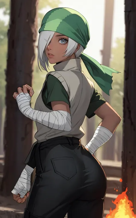 ((masterpiece, best quality)), insaneres, absurdres, solo,  vanishing point, 
Bandana_Ryuzetsu_ownwaifu, 
1girl, flat chest, hair over one eye, bandana, white hair, dark skin, short hair, grey eyes, ringed eyes, green headwear, 
bandages, vest, bandaged arm, ninja, asymmetrical sleeves, black pants, shirt, turtleneck, bandaged hand, short sleeves,
(contrapposto, looking back)<lora:NARUTO_Movie_Ryuzetsu_ownwaifu:0.75>,
outdoors, lens flare, depth of field, bokeh, embers, looking at viewer,