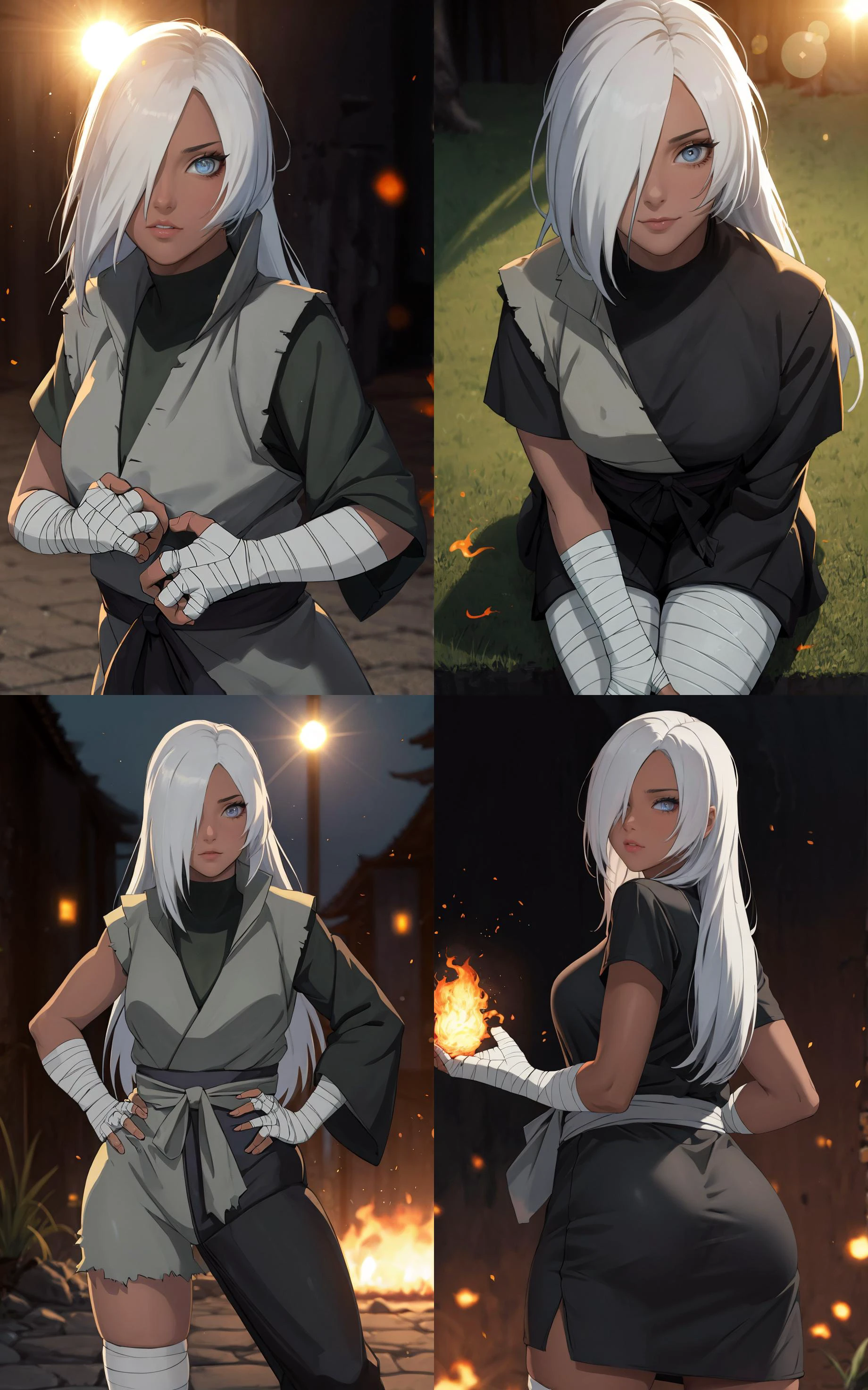 ((masterpiece, best quality)), insaneres, absurdres, solo, vanishing point,
HairDown_Ryuzetsu_ownwaifu,
1girl, grey eyes, hair down, ringed eyes, white hair, long hair, hair over one eye, dark skin, dark-skinned female, breasts,
bandages, bandaged arm, vest, bandaged hand, black shirt, ninja, shirt,
{(portrait, straight-on)<lora:NARUTO_Movie_Ryuzetsu_ownwaifu:1>|(from above, sitting)<lora:NARUTO_Movie_Ryuzetsu_ownwaifu:0.9>|(contrapposto, hand on hip)<lora:NARUTO_Movie_Ryuzetsu_ownwaifu:0.85>|(contrapposto, looking back)<lora:NARUTO_Movie_Ryuzetsu_ownwaifu:0.75>},
outdoors, lens flare, depth of field, bokeh, embers, looking at viewer,
