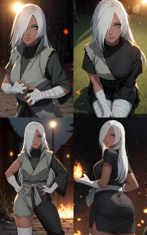 ((masterpiece, best quality)), insaneres, absurdres, solo,  vanishing point, 
HairDown_Ryuzetsu_ownwaifu, 
1girl, grey eyes, hair down, ringed eyes, white hair, long hair, hair over one eye, dark skin, dark-skinned female, breasts, 
bandages, bandaged arm, vest, bandaged hand, black shirt, ninja, shirt,
{(portrait, straight-on)<lora:NARUTO_Movie_Ryuzetsu_ownwaifu:1>|(from above, sitting)<lora:NARUTO_Movie_Ryuzetsu_ownwaifu:0.9>|(contrapposto, hand on hip)<lora:NARUTO_Movie_Ryuzetsu_ownwaifu:0.85>|(contrapposto, looking back)<lora:NARUTO_Movie_Ryuzetsu_ownwaifu:0.75>},
outdoors, lens flare, depth of field, bokeh, embers, looking at viewer,